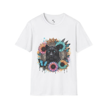 white t-shirt with a black panther design on a mandala floral background