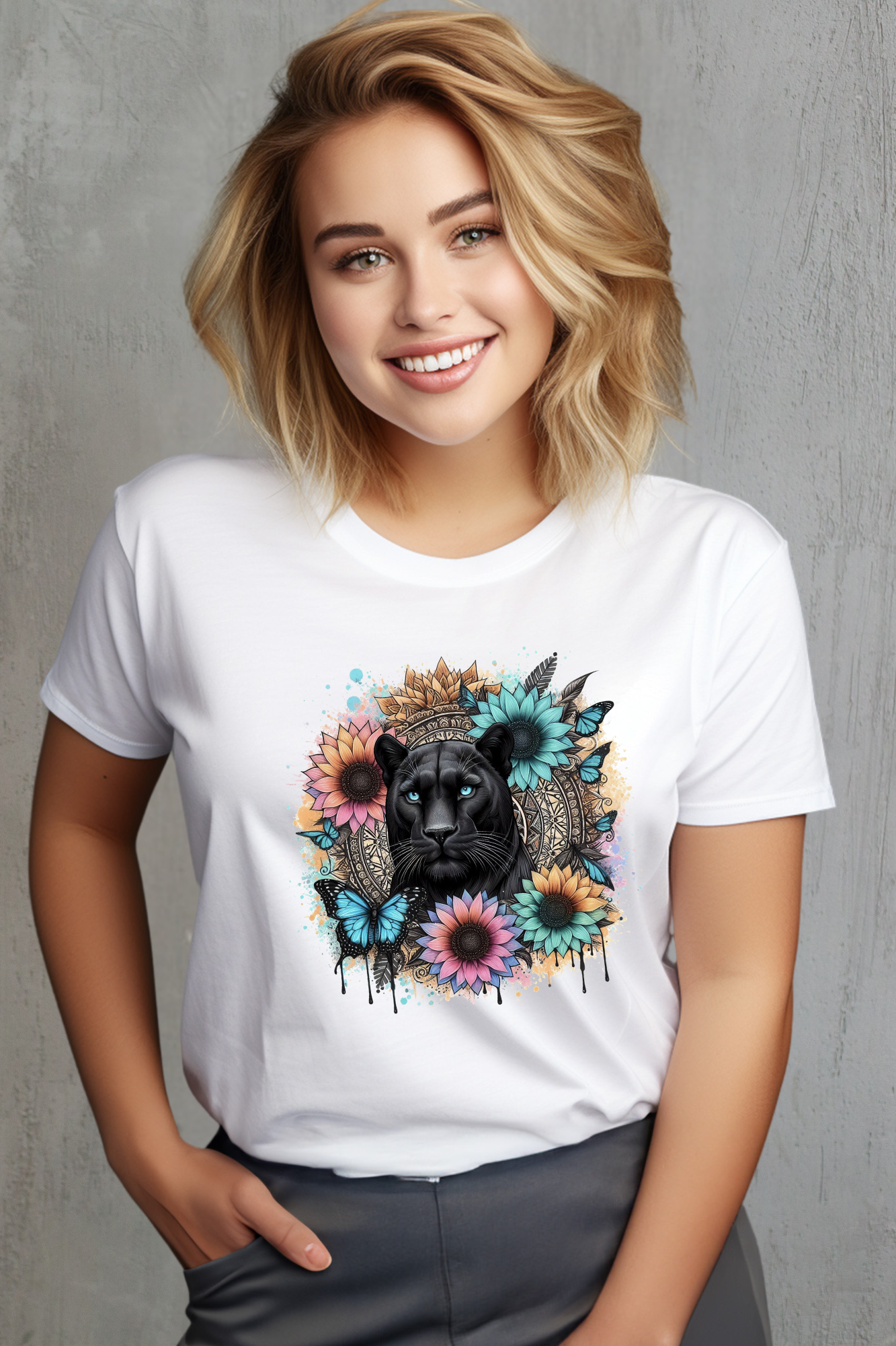 Person wearing a white t-shirt with a black panther design on a mandala background