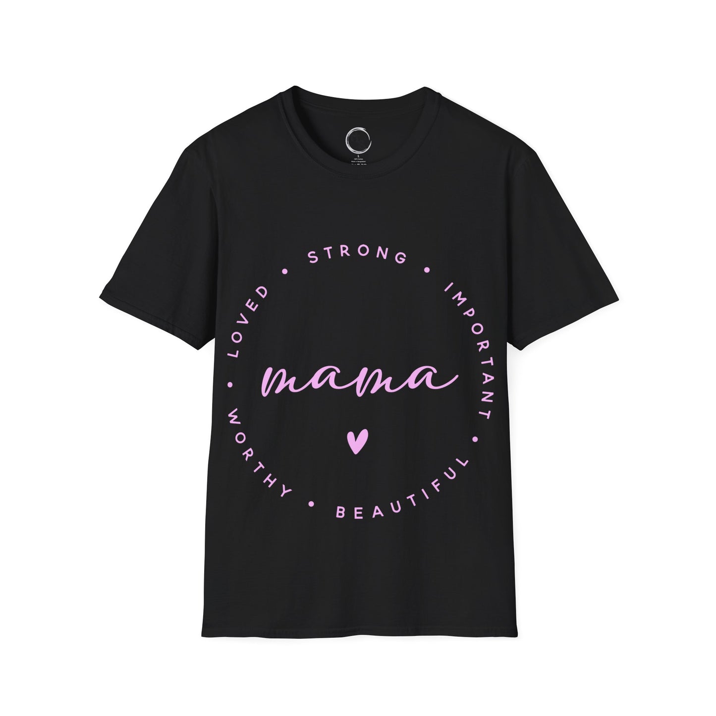 Black t-shirt with pink text and heart design on a white background