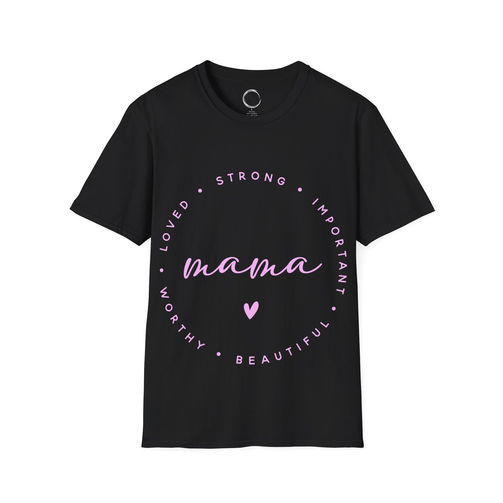 Black t-shirt with pink text and heart design on a white background