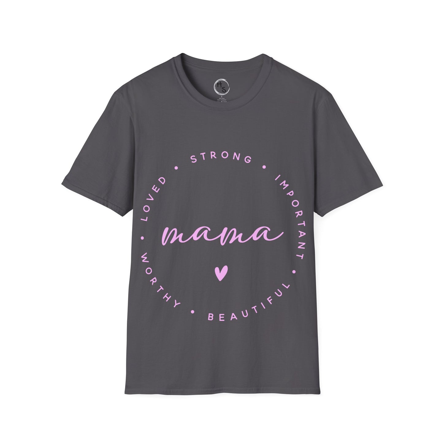 Gray t-shirt with pink text and heart design on a white background