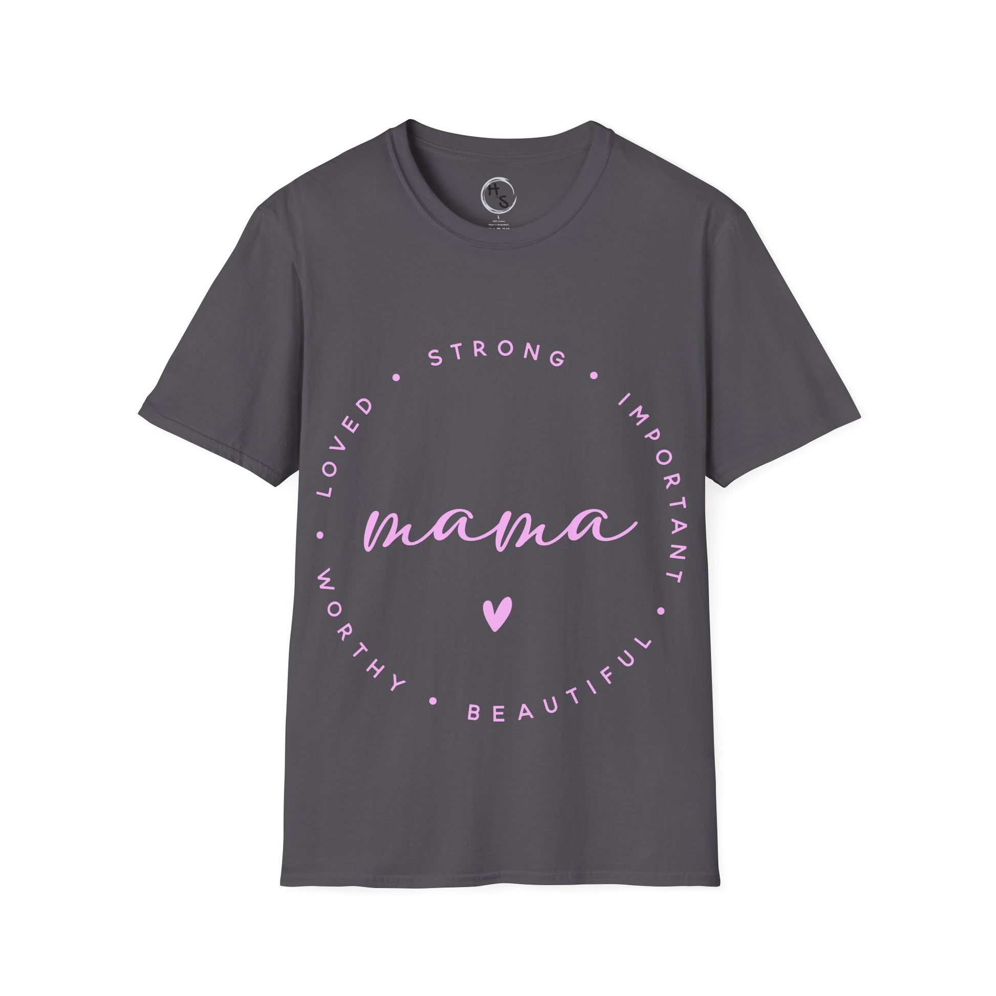 Gray t-shirt with pink text and heart design on a white background