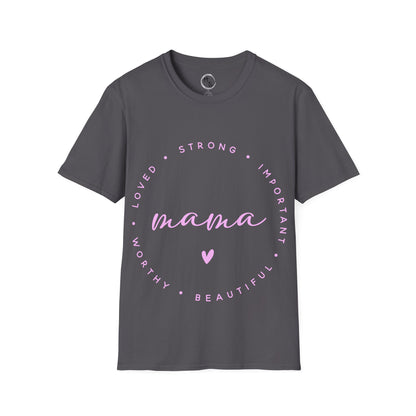 Gray t-shirt with pink text and heart design on a white background
