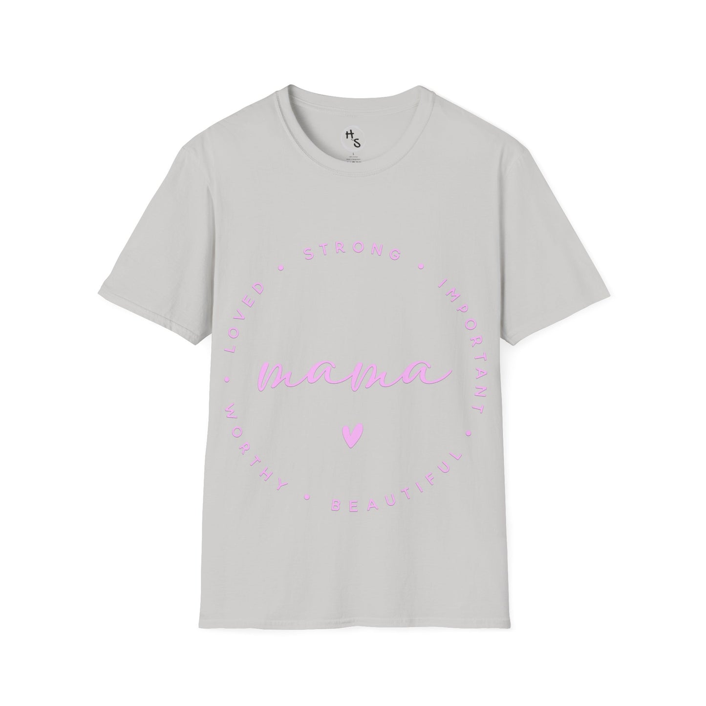 Gray t-shirt with pink text and heart design on a white background