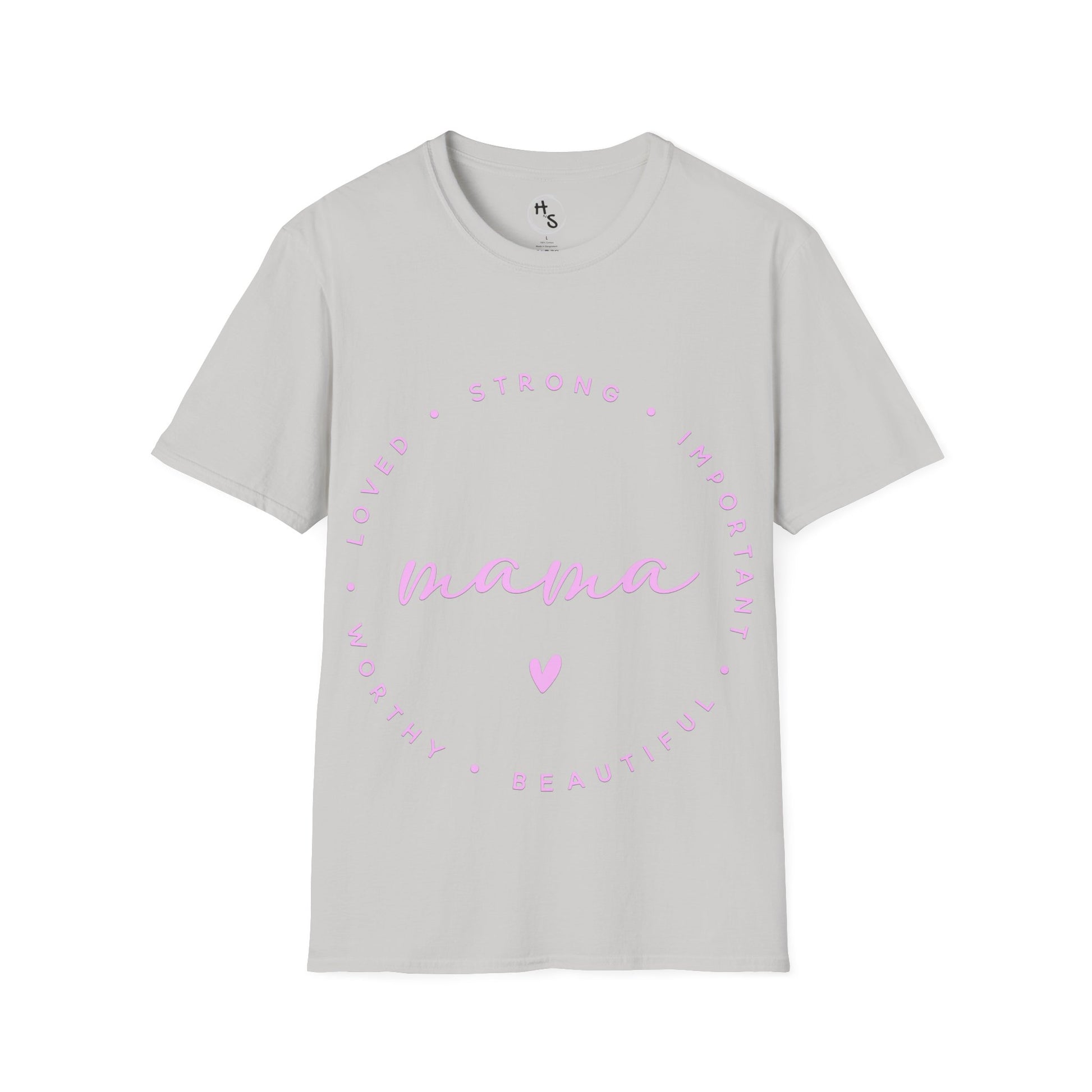 Gray t-shirt with pink text and heart design on a white background