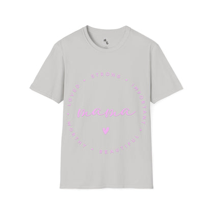 Gray t-shirt with pink text and heart design on a white background