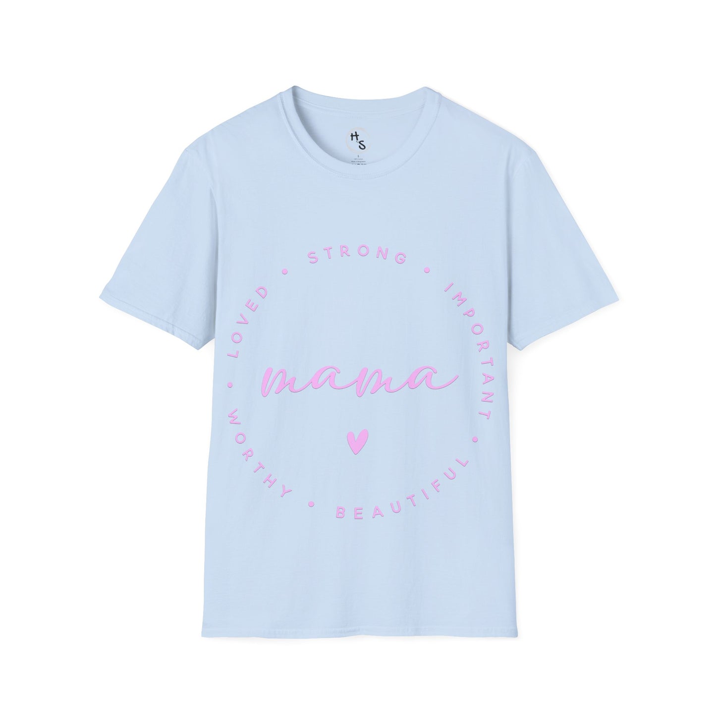 Light blue t-shirt with pink text on a white background