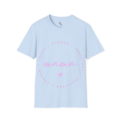 Light blue t-shirt with pink text on a white background