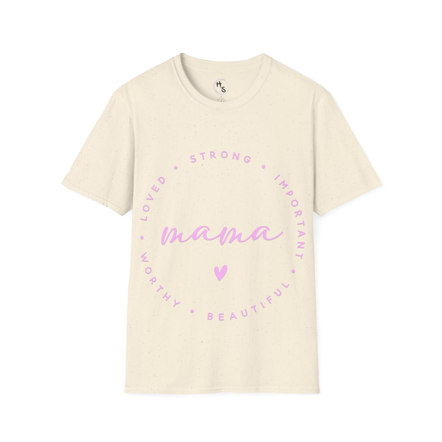 Beige t-shirt with pink text and heart design on a white background