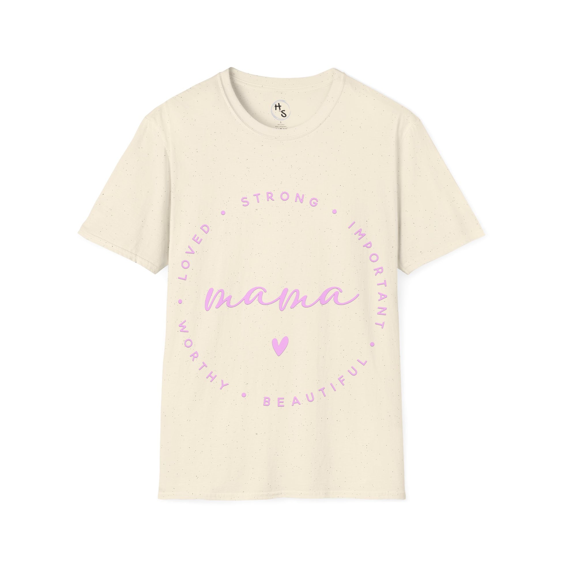 Beige t-shirt with pink text and heart design on a white background
