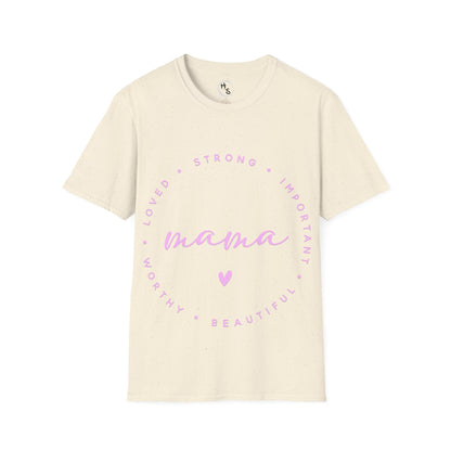 Beige t-shirt with pink text and heart design on a white background