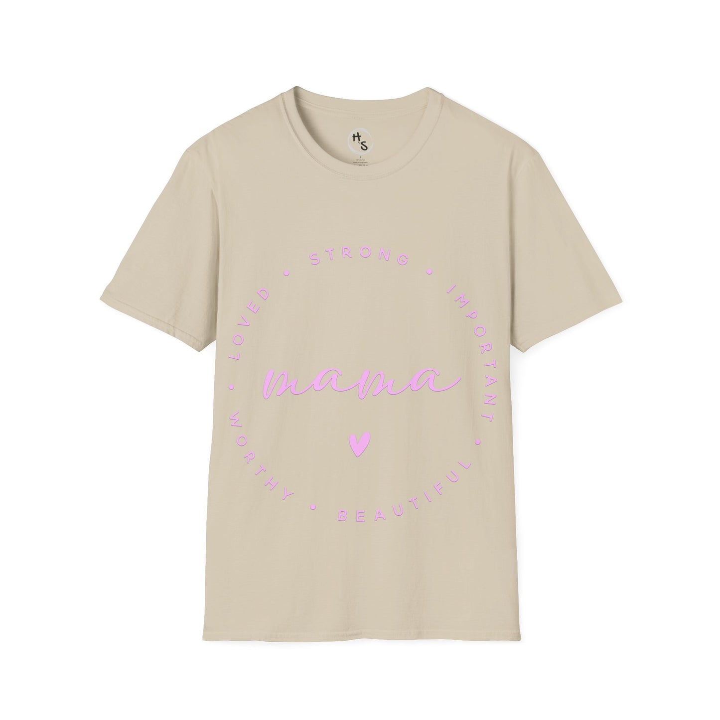 Beige t-shirt with pink text and heart design on a white background