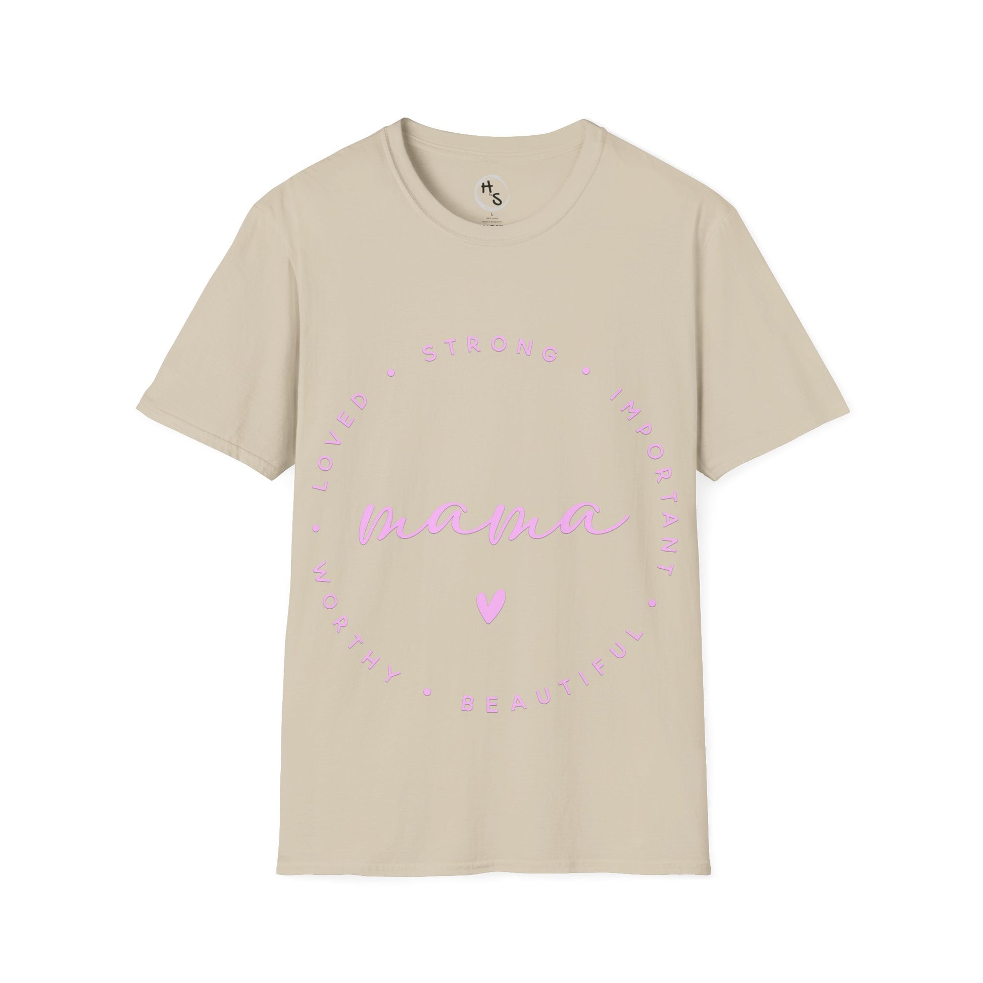 Beige t-shirt with pink text and heart design on a white background