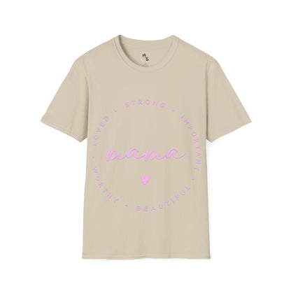 Beige t-shirt with pink text and heart design on a white background