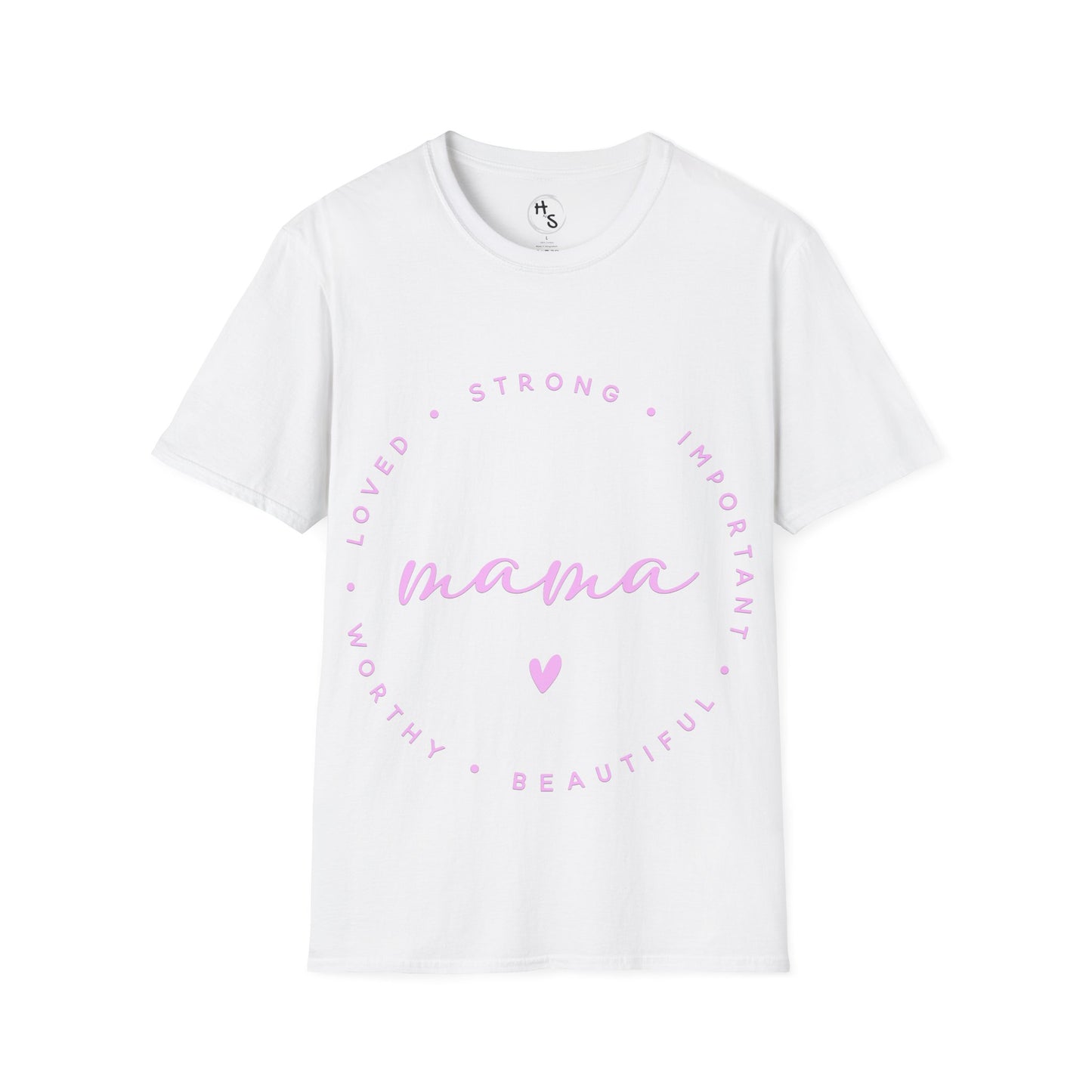 White t-shirt with pink text and heart design on a white background