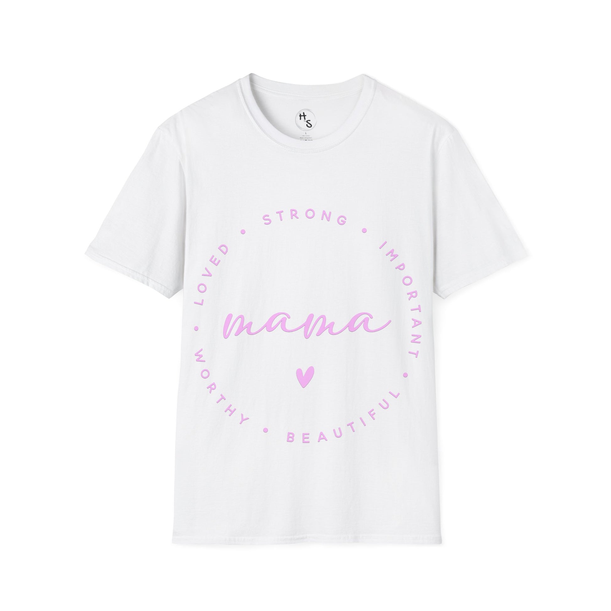 White t-shirt with pink text and heart design on a white background