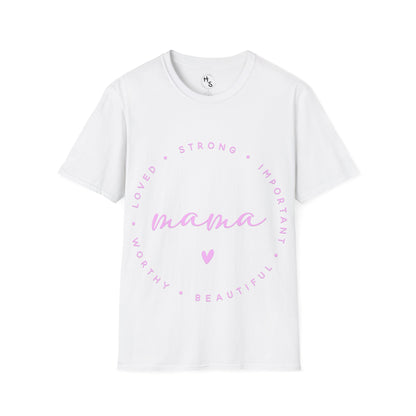 White t-shirt with pink text and heart design on a white background