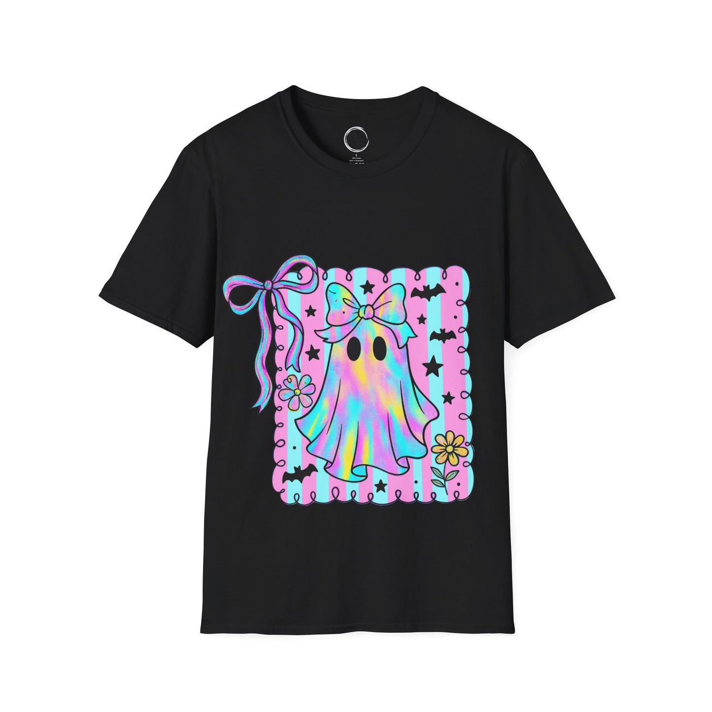 Black t-shirt with a colorful ghost design on a white background