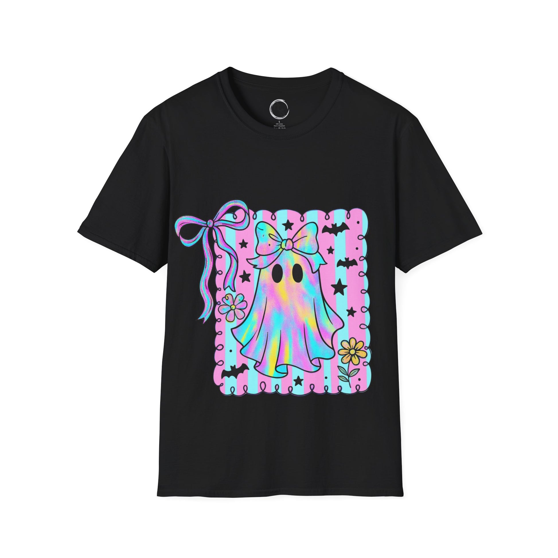 Black t-shirt with a colorful ghost design on a white background