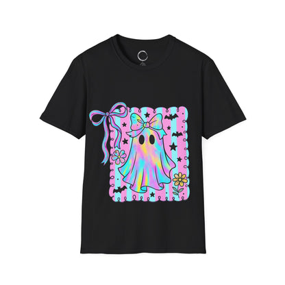 Black t-shirt with a colorful ghost design on a white background