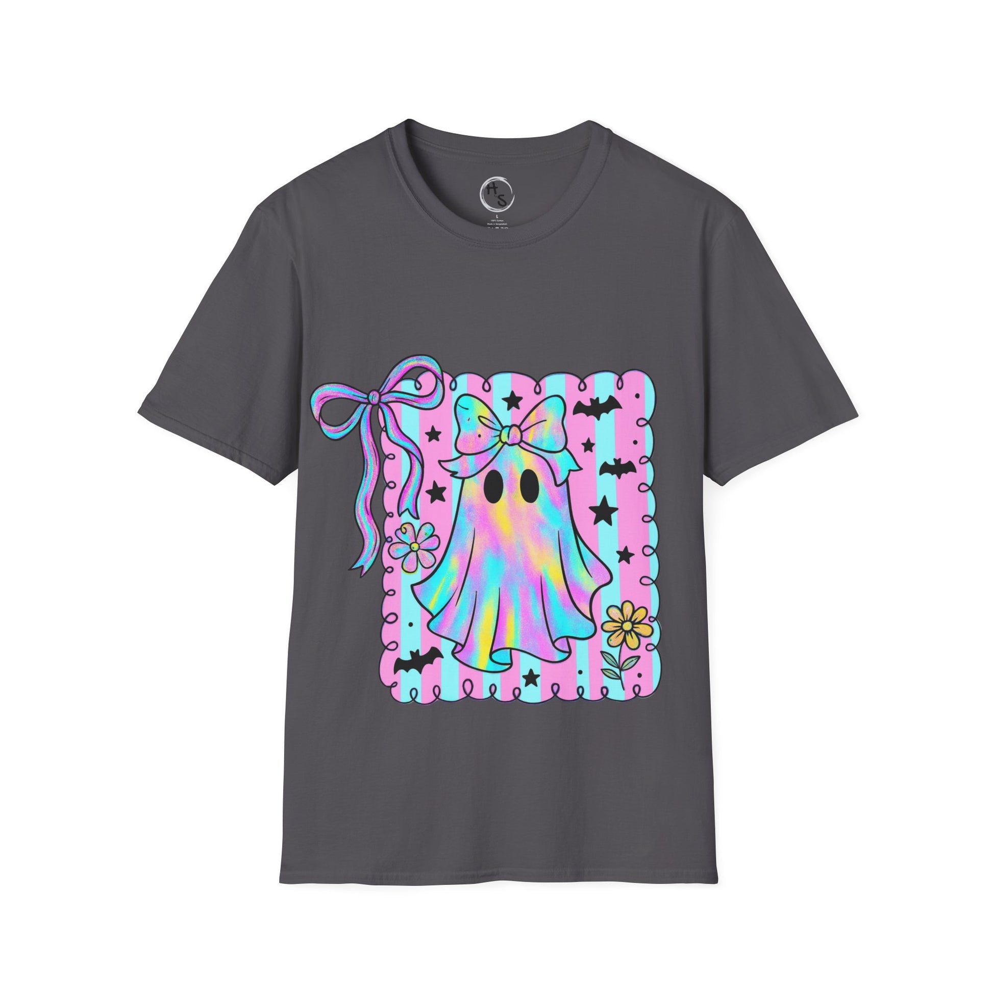 Gray t-shirt with a colorful ghost design on a white background