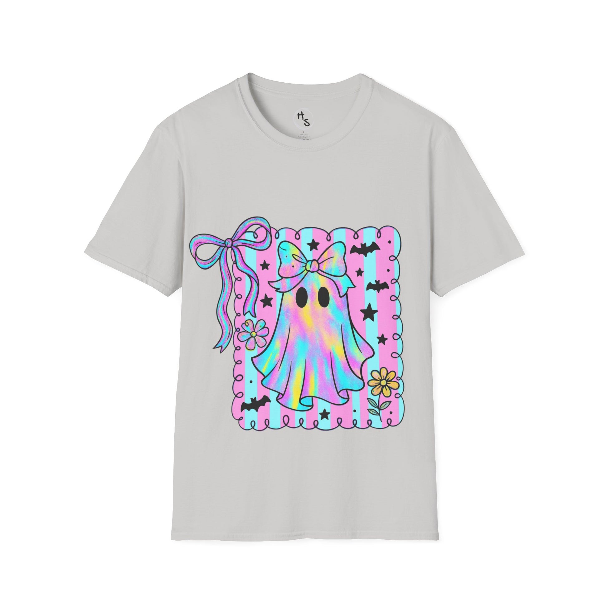 Gray t-shirt with a colorful ghost design on a white background