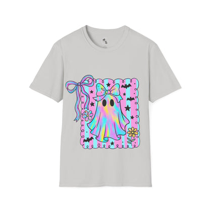 Gray t-shirt with a colorful ghost design on a white background