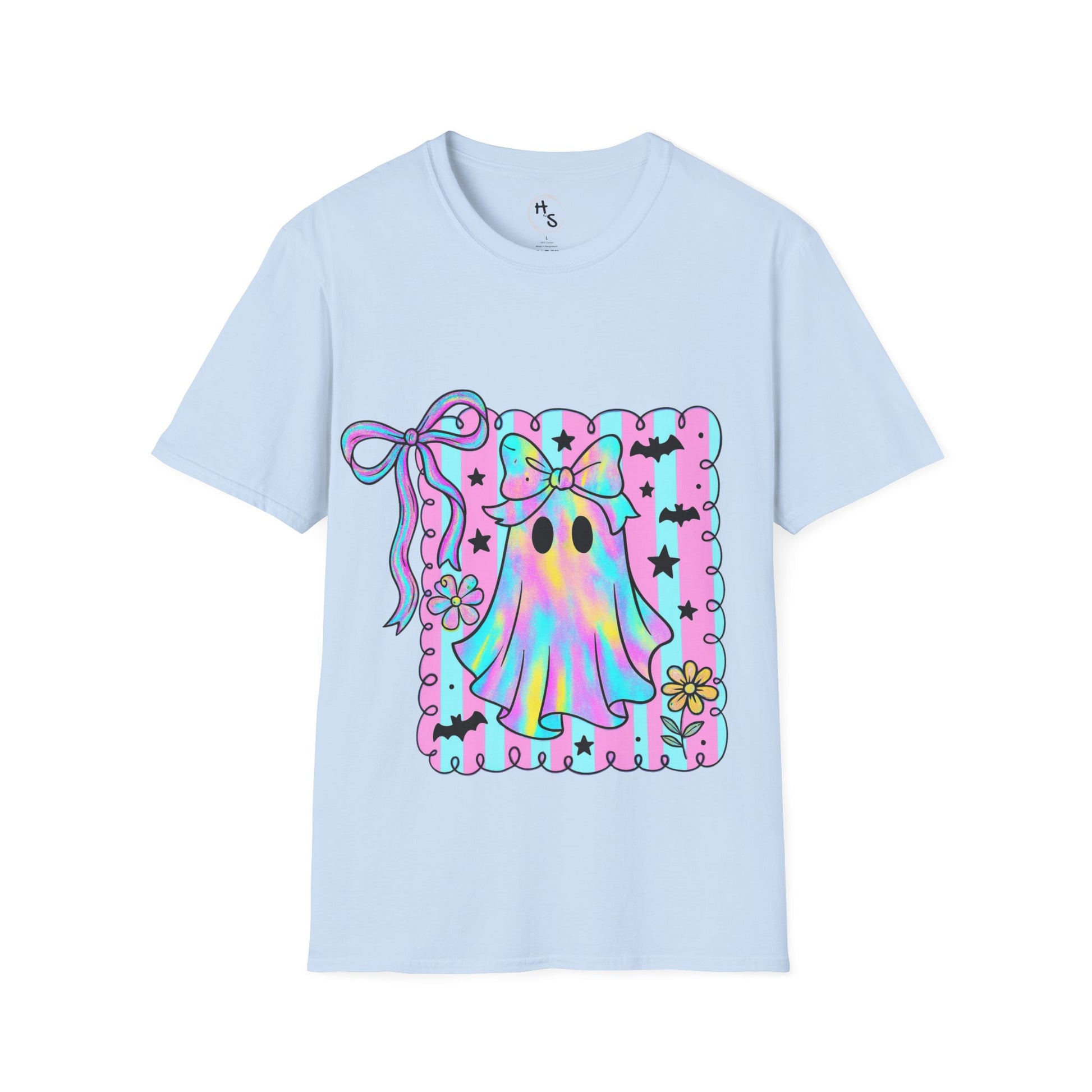 Light blue t-shirt with a colorful ghost design on a white background