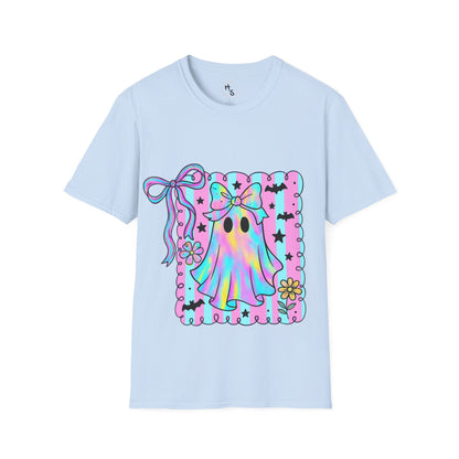Light blue t-shirt with a colorful ghost design on a white background