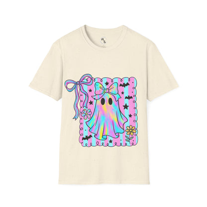 Beige t-shirt with a colorful ghost design on a white background