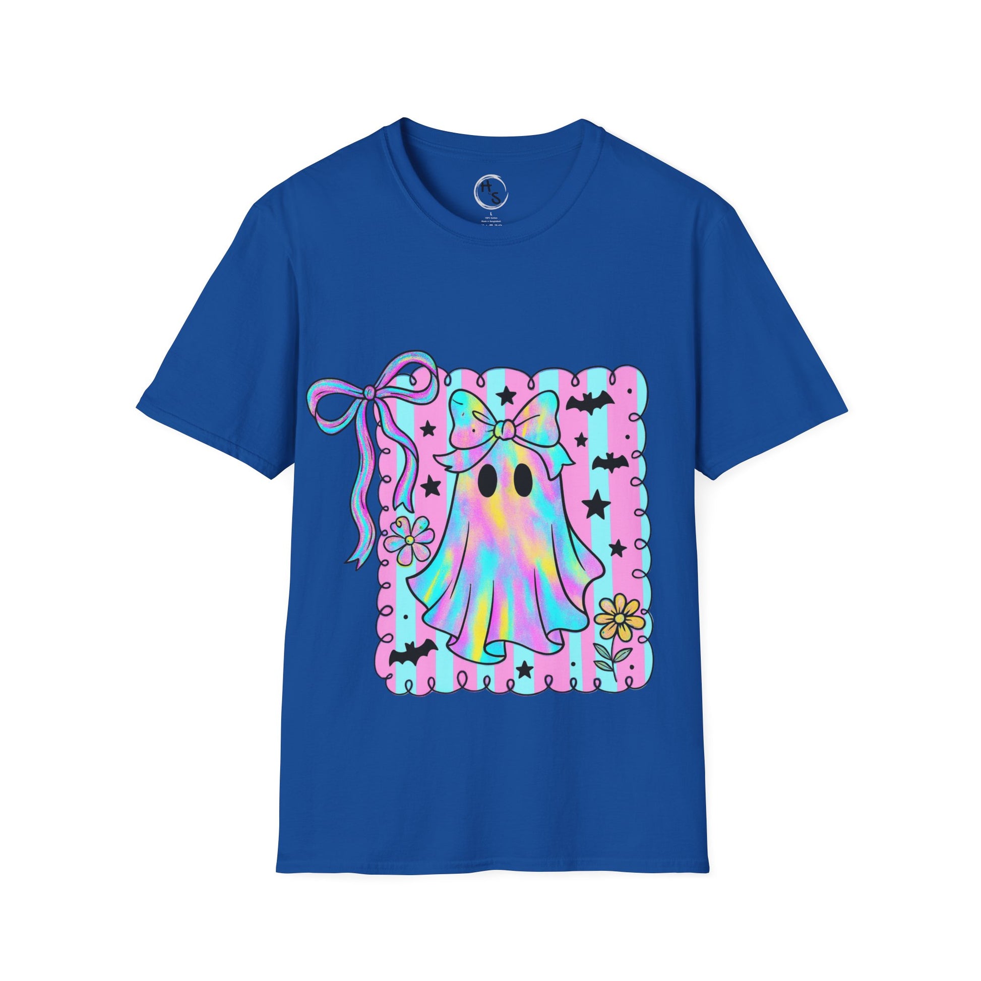 Blue t-shirt with a colorful ghost design on a white background