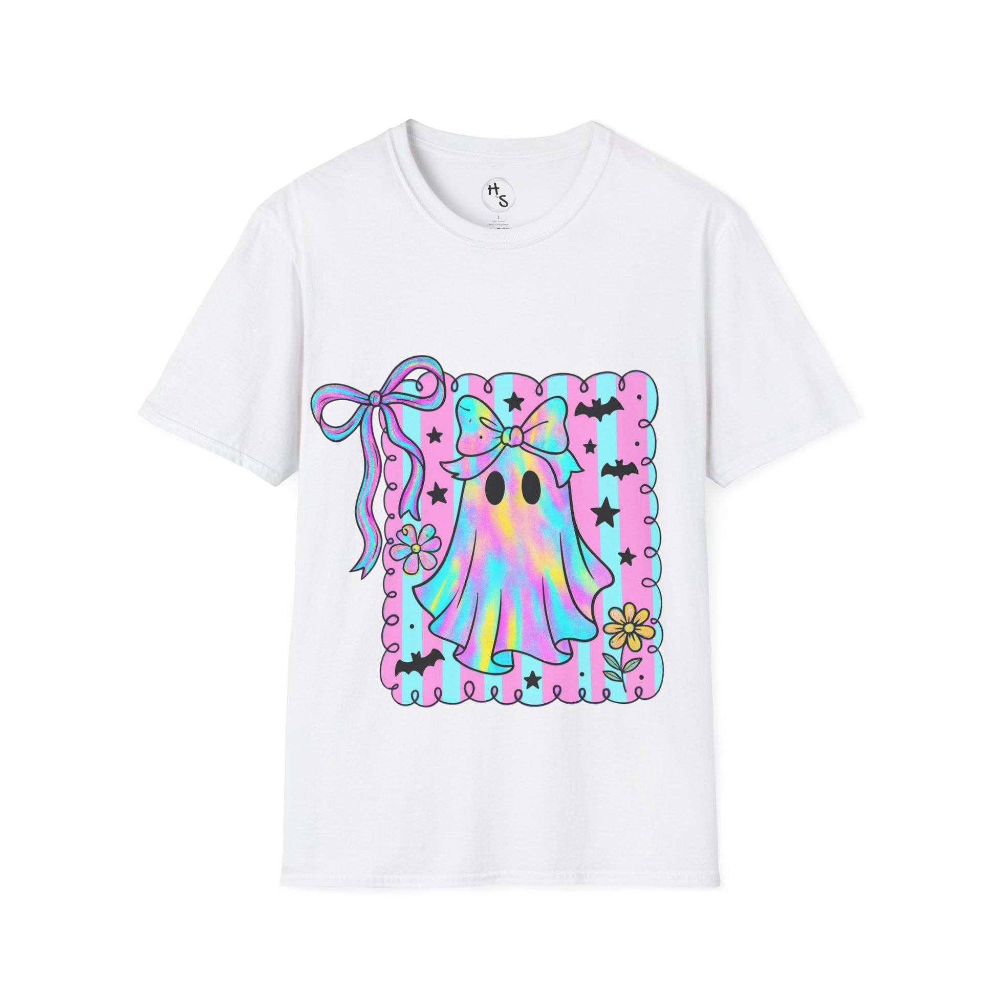 White t-shirt with a colorful ghost design on a white background