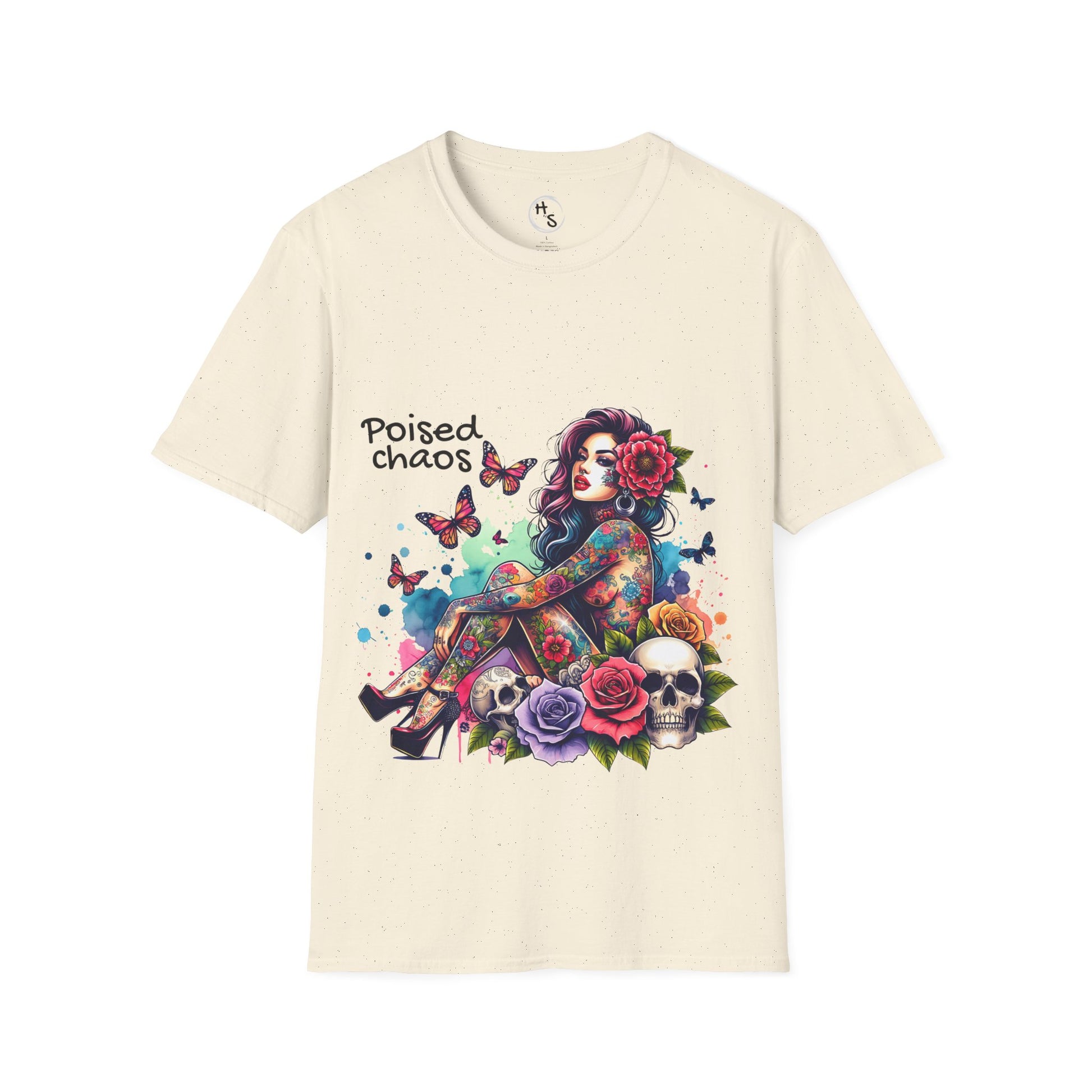 Beige t-shirt with a colorful graphic design featuring a woman, flowers, and butterflies on a beige background.