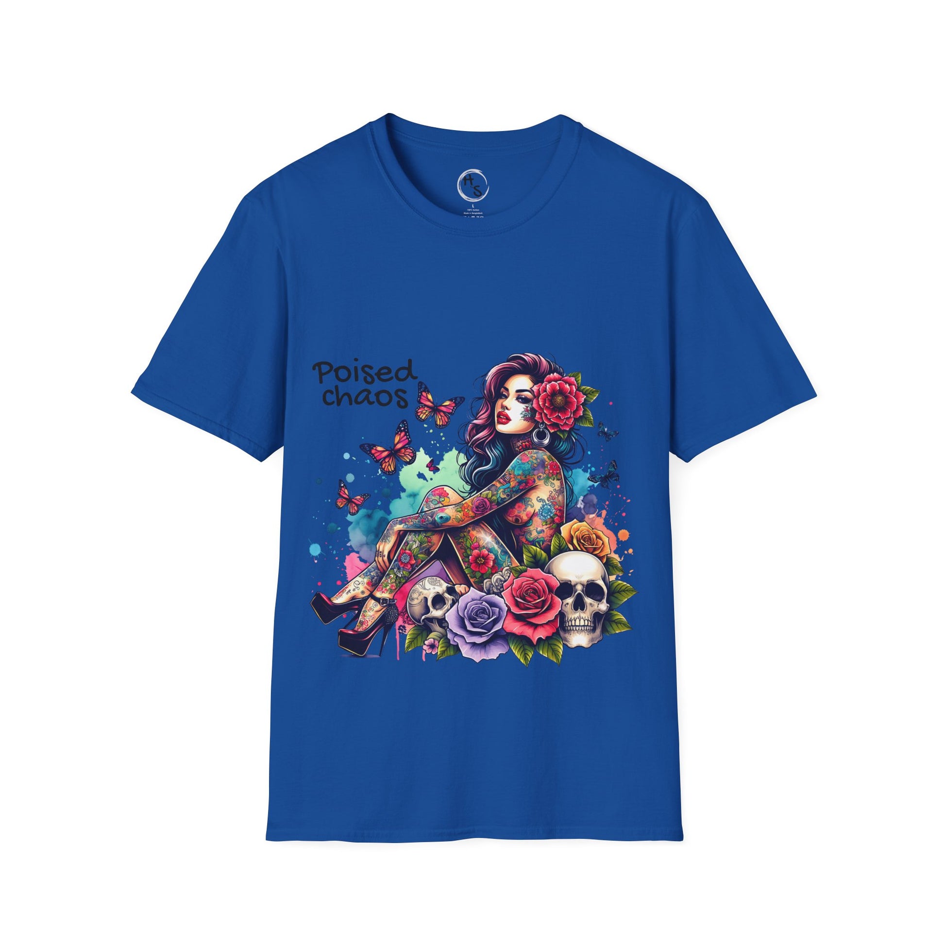 Blue t-shirt with a colorful graphic design featuring a woman, flowers, and text on a blue background.