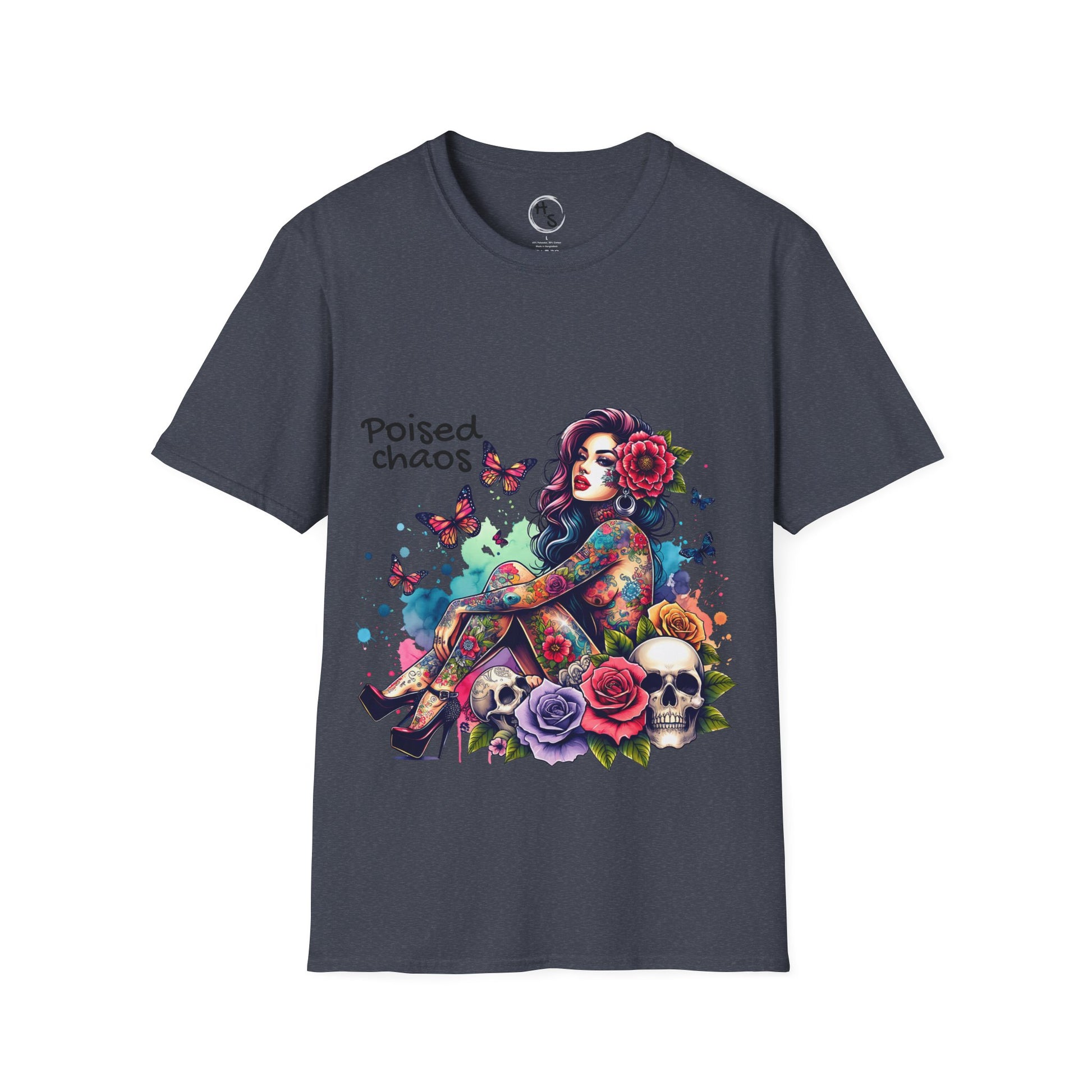 Gray t-shirt with a colorful graphic design featuring a woman, flowers, and skulls on a dark grey background.