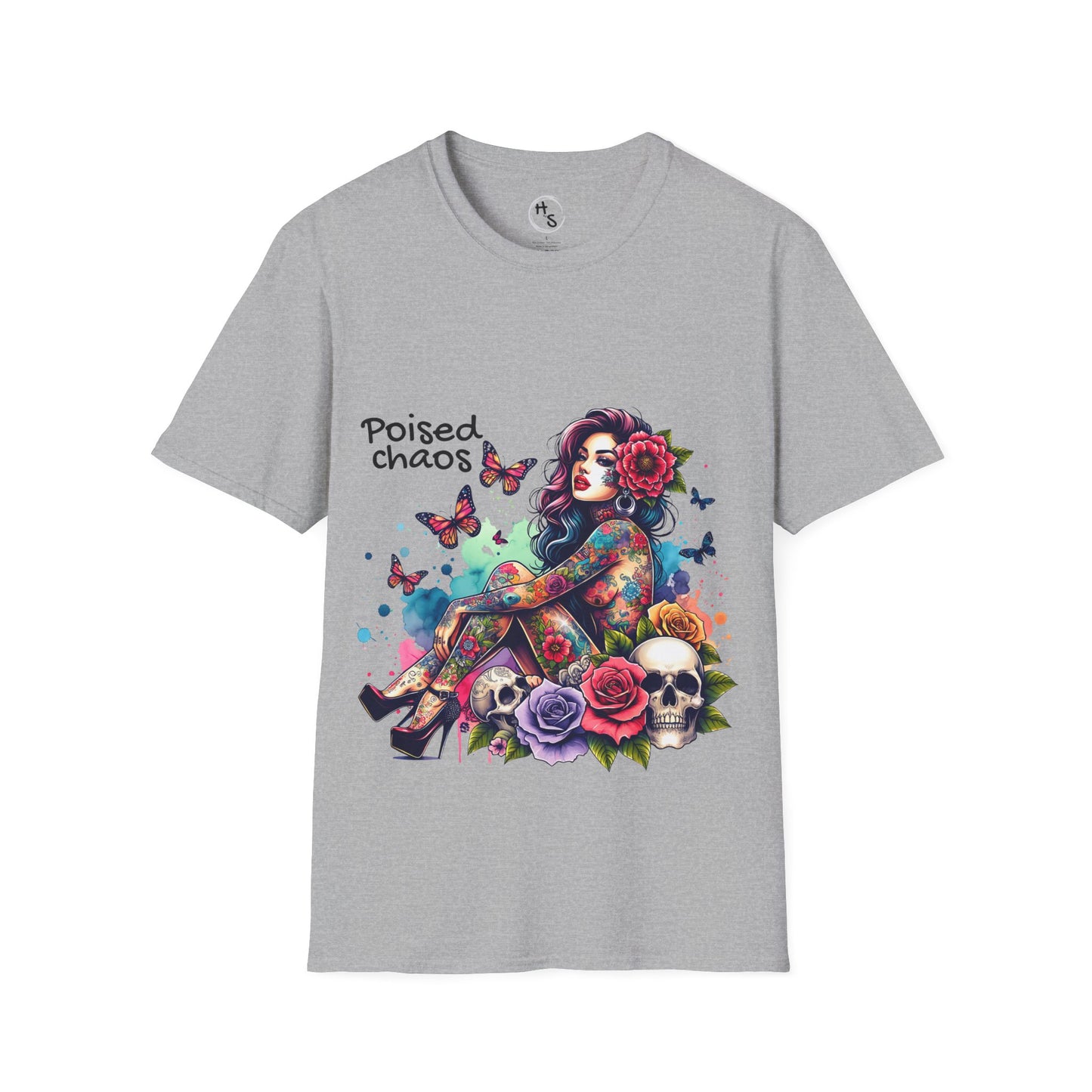 Gray t-shirt with a colorful design of a woman, flowers, and butterflies on a grey background.