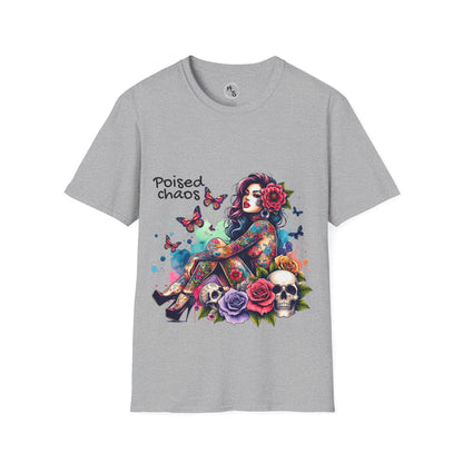 Gray t-shirt with a colorful design of a woman, flowers, and butterflies on a grey background.