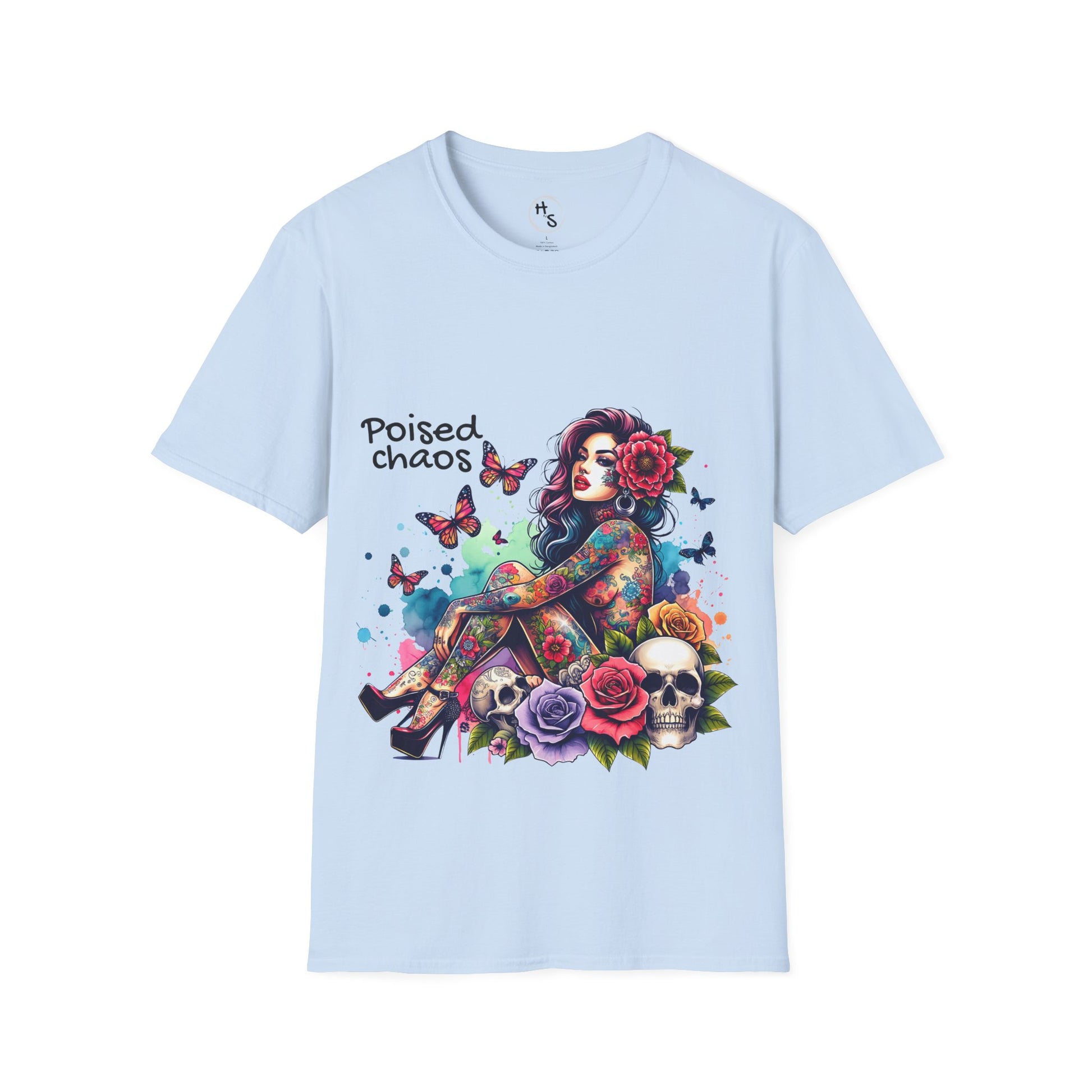 Light blue t-shirt with a colorful graphic design featuring a woman, flowers, and butterflies on a light blue background.