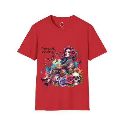 Red t-shirt with a colorful graphic design featuring a woman, flowers, and skulls on a red background.