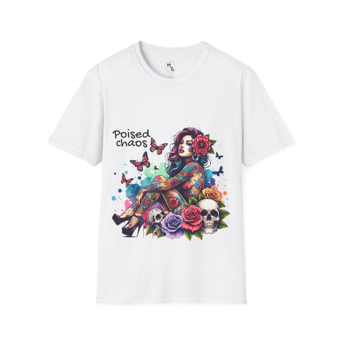White t-shirt with a colorful graphic design featuring a woman, flowers, and butterflies on a white background.