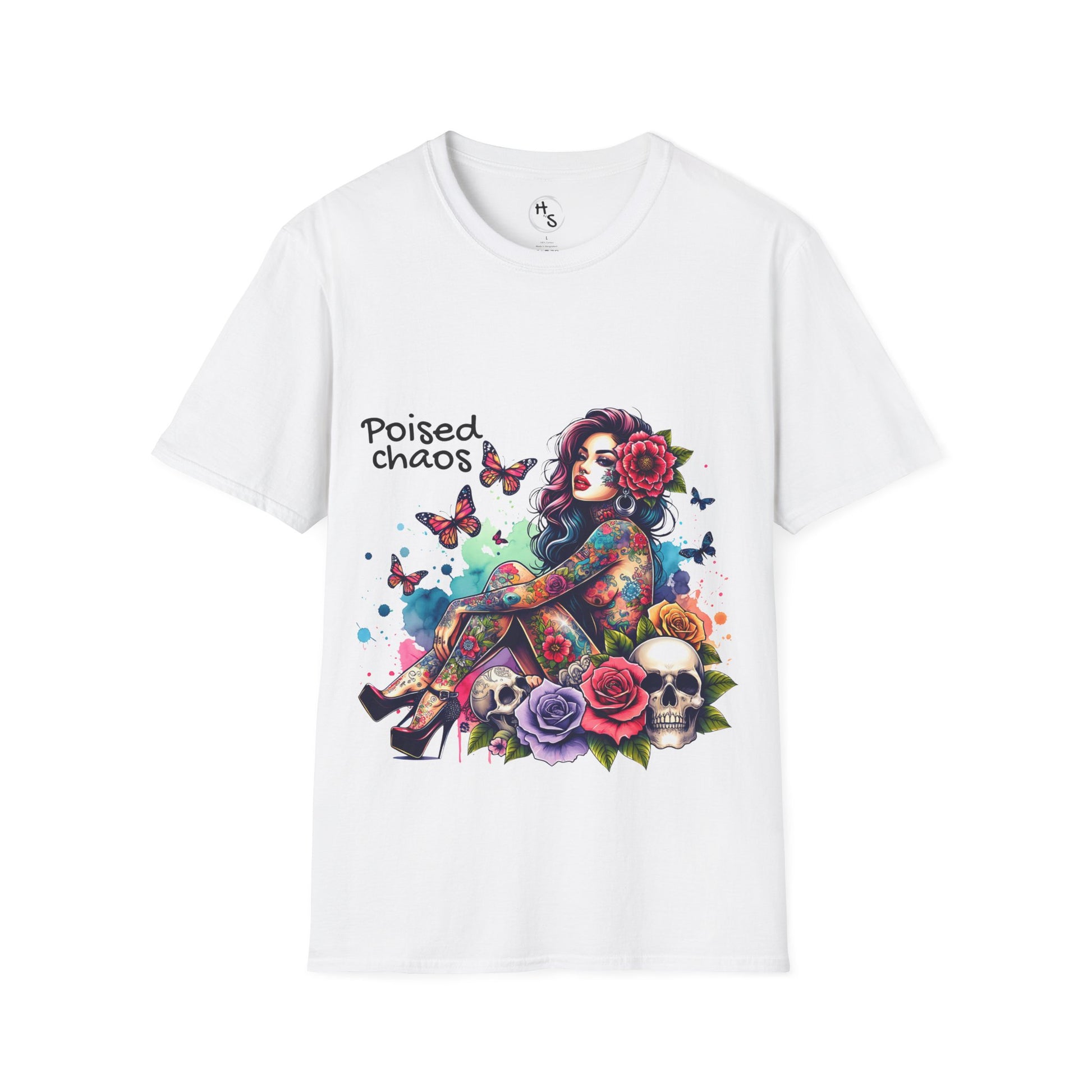 White t-shirt with a colorful graphic design featuring a woman, flowers, and butterflies on a white background.