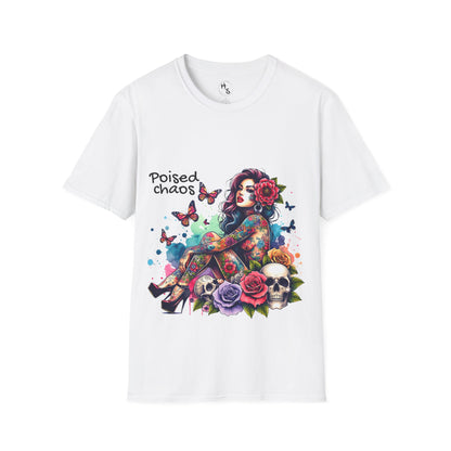White t-shirt with a colorful graphic design featuring a woman, flowers, and butterflies on a white background.