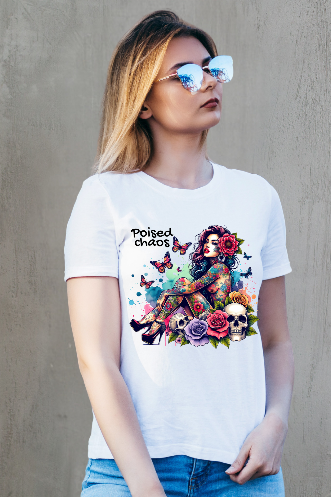 Woman wearing a white t-shirt with colorful graphic design and text.
