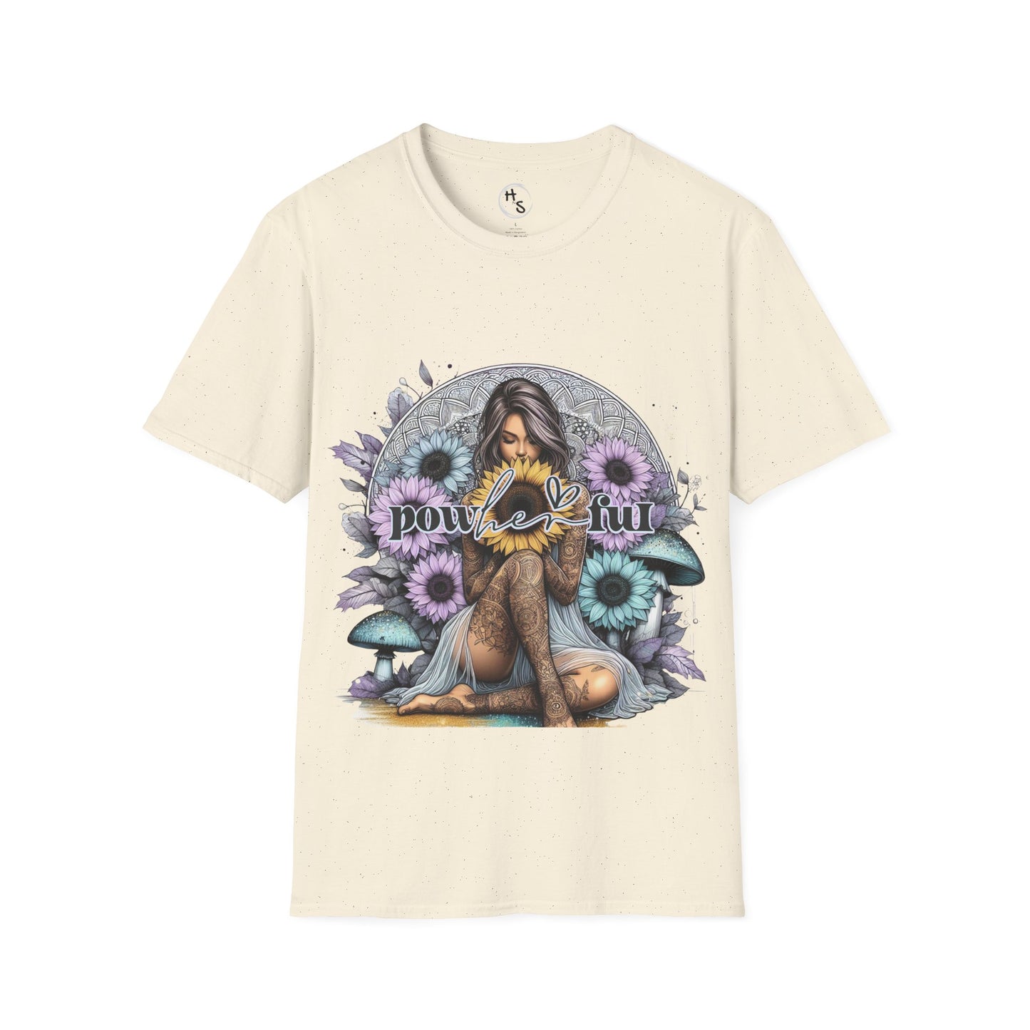 Beige t-shirt with a colorful graphic design featuring a woman, flowers, and text on a white background.