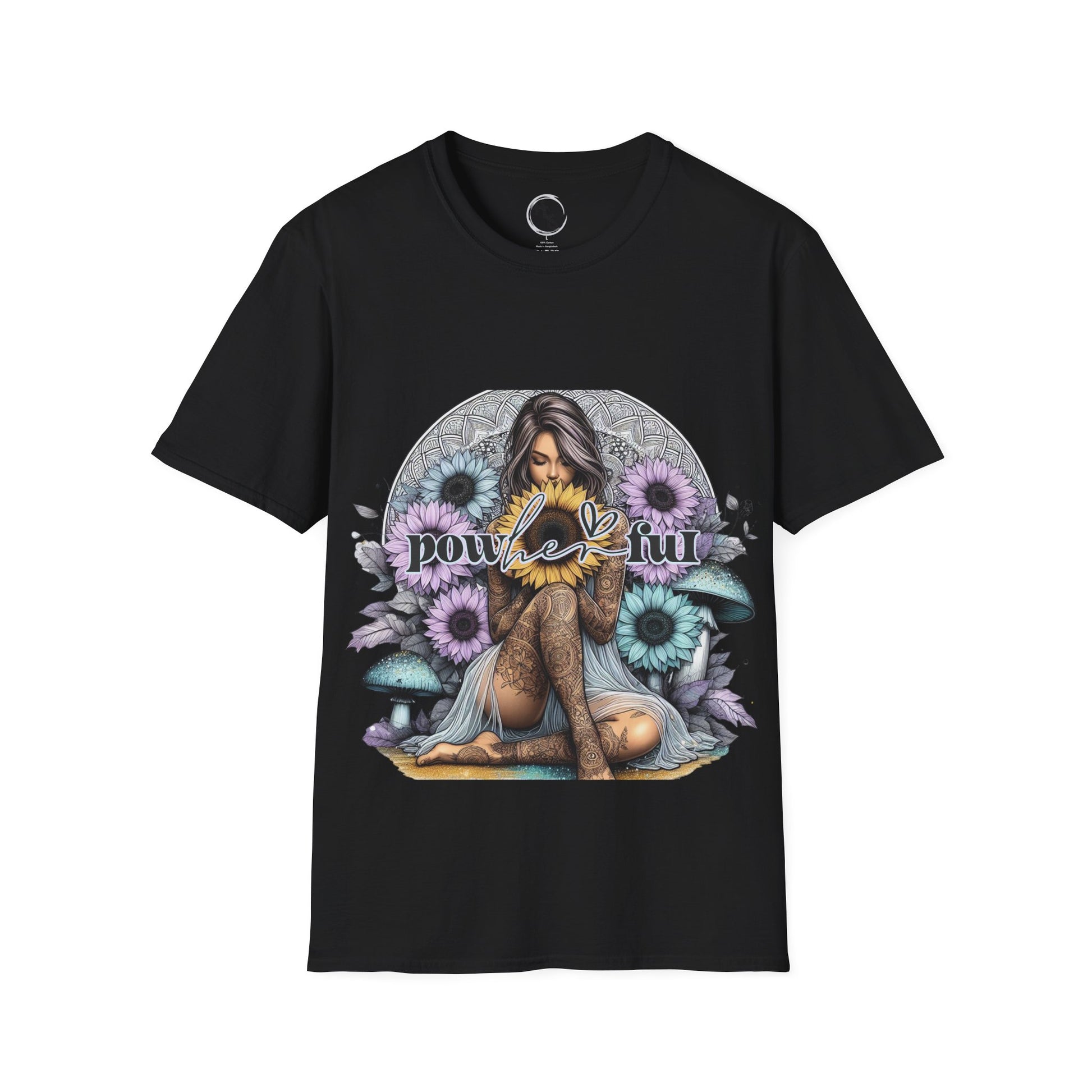 Black t-shirt with a colorful graphic of a woman and flowers on a white background