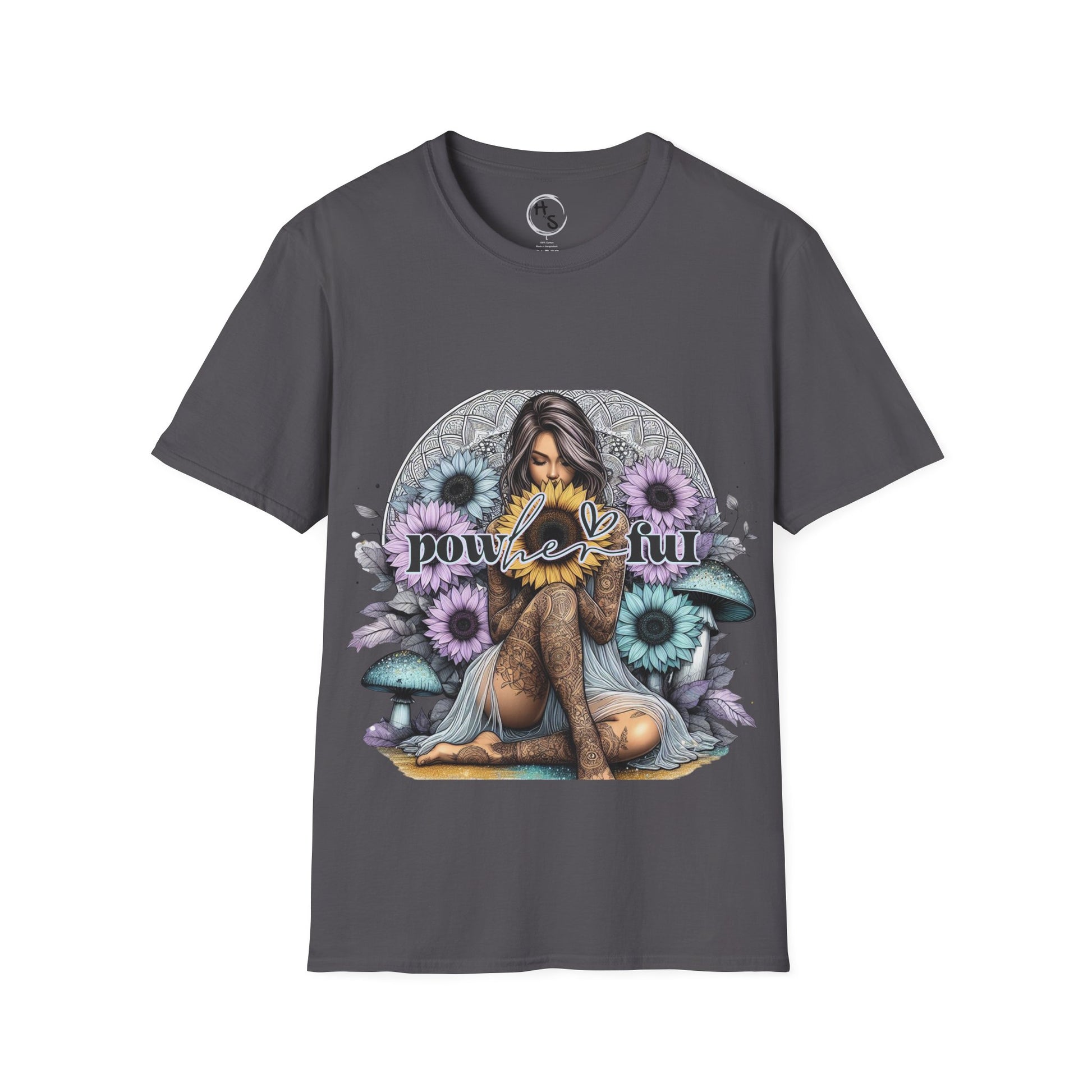 Gray t-shirt with a graphic design of a woman surrounded by flowers and the word 'powerful' on a white background.