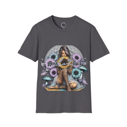 Gray t-shirt with a graphic design of a woman surrounded by flowers and the word 'powerful' on a white background.