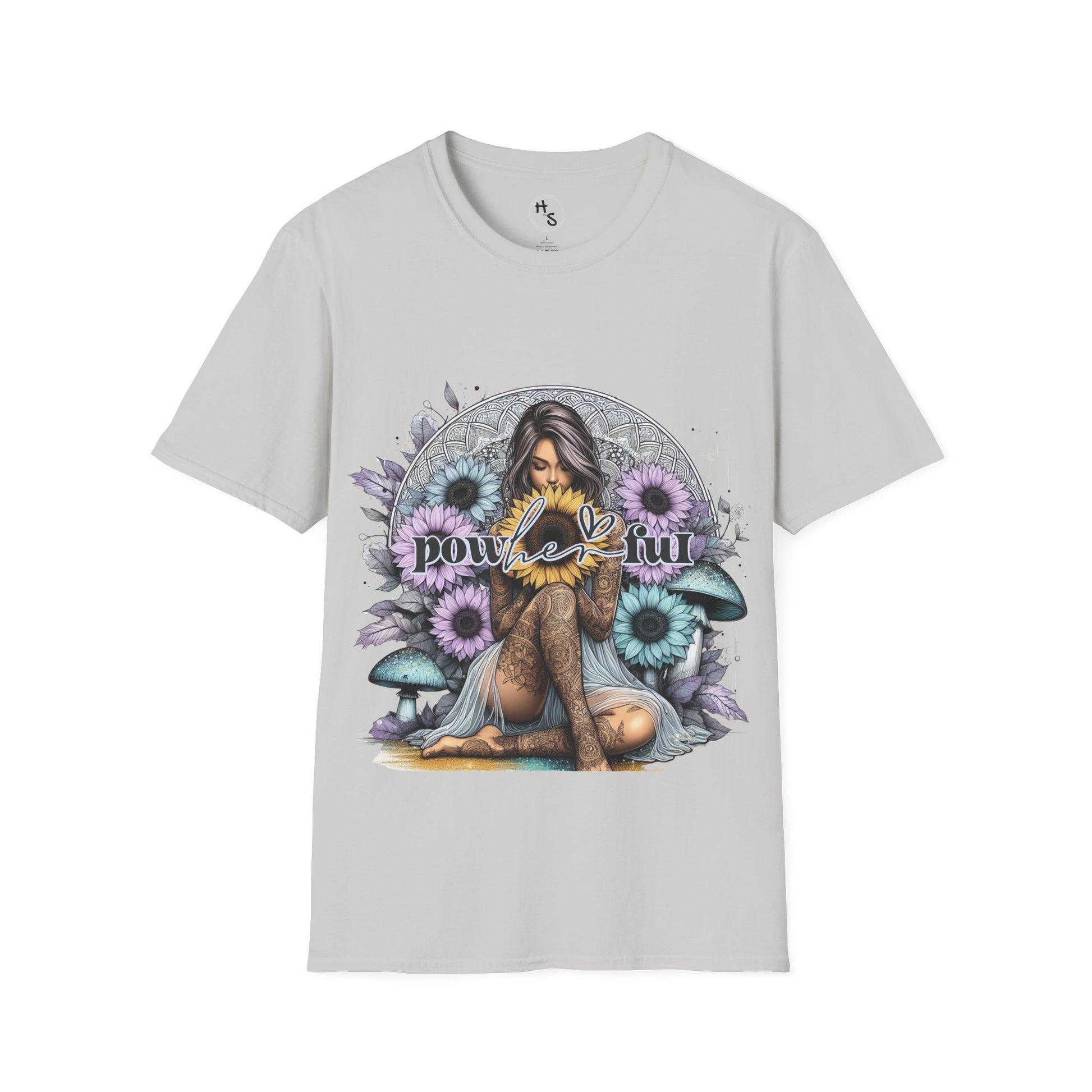 Gray t-shirt with a colorful graphic design featuring a woman, flowers, and text on a white background.