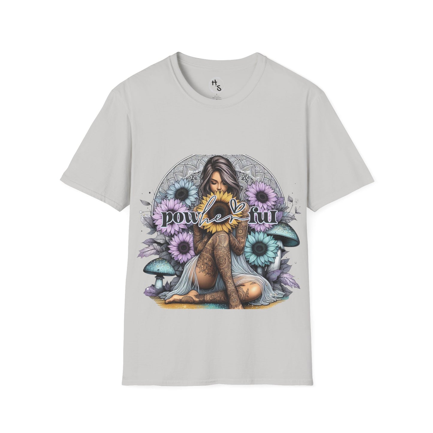 Gray t-shirt with a colorful graphic design featuring a woman, flowers, and mushrooms on a white background.