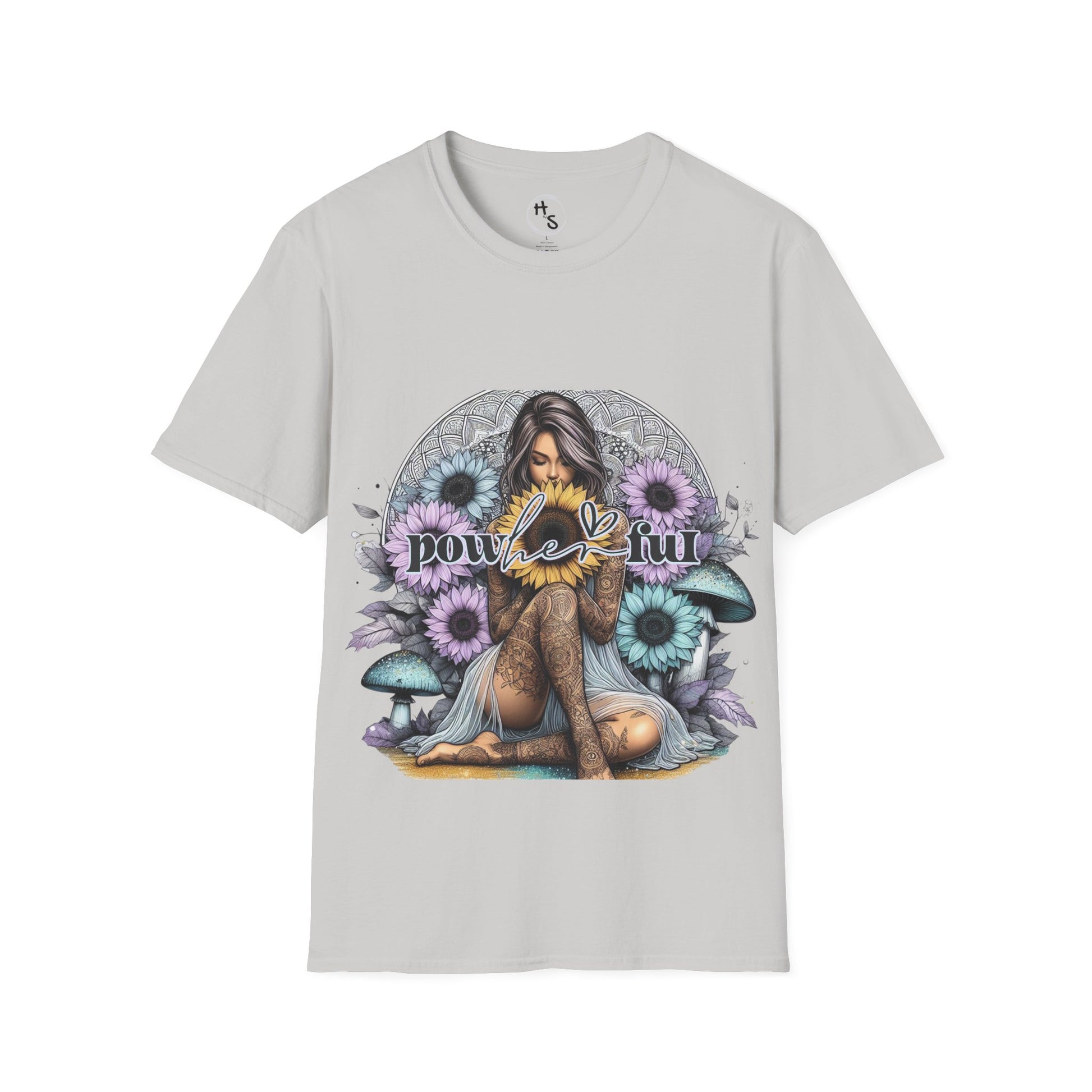 Gray t-shirt with a colorful graphic design featuring a woman, flowers, and mushrooms on a white background.